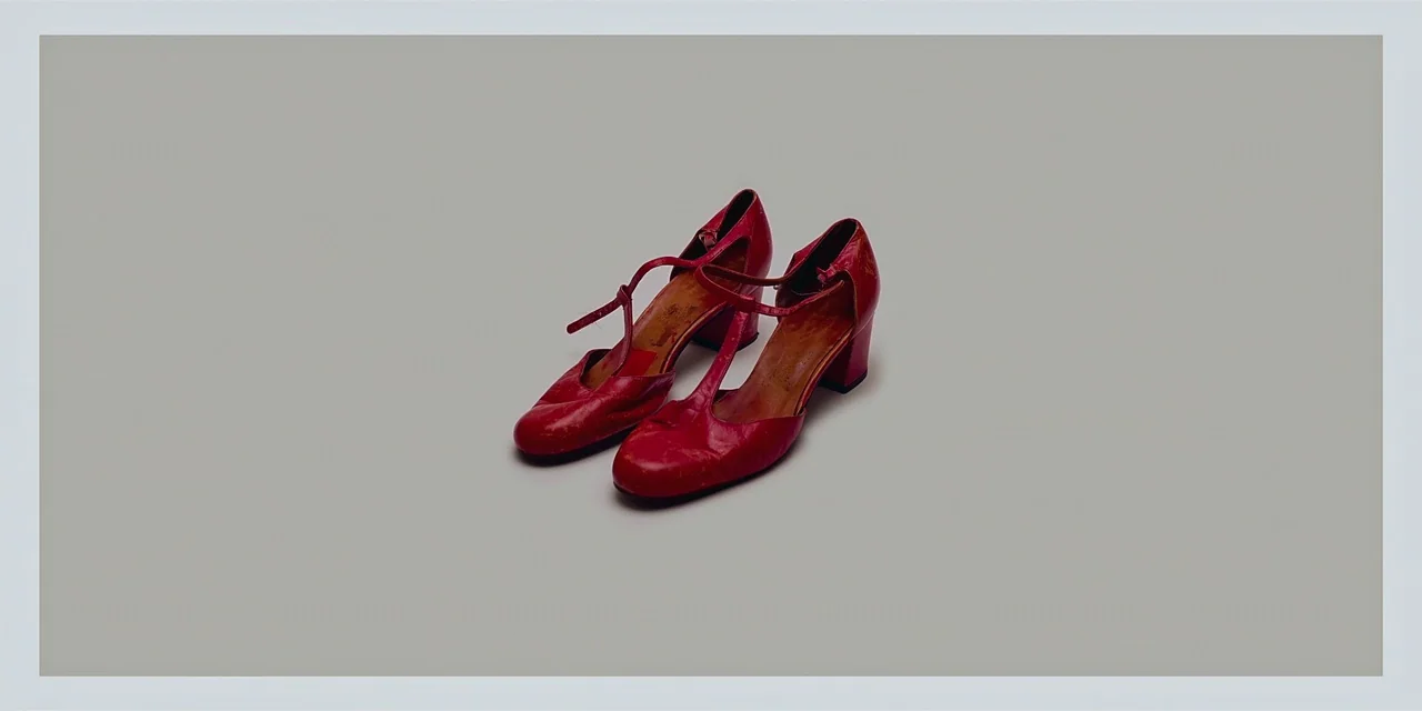 20th Century Women (2016) movie still: closeup — A pair of red t-strap heels rests on a plain, light gray surface. The shoes show minor wear and…