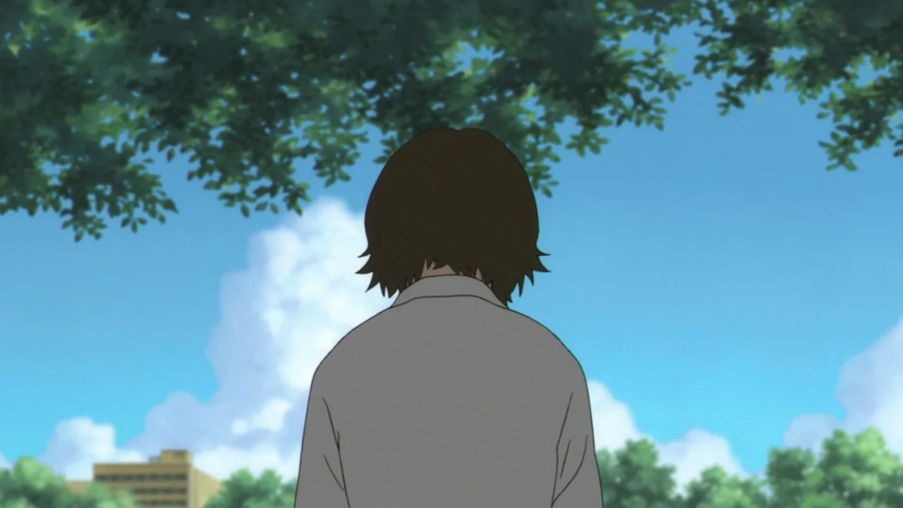 The Girl Who Leapt Through Time (2006) movie still: medium — A person stands outside under a bright blue sky with large white clouds. Lush green…