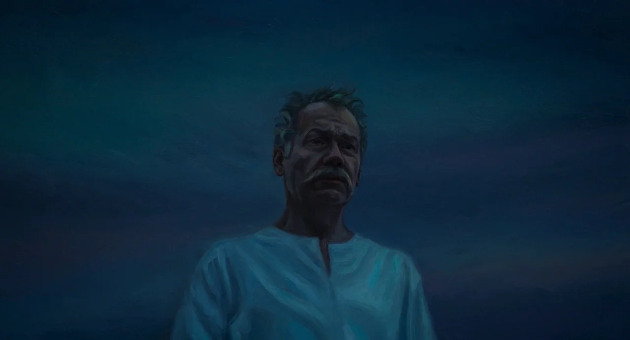 The Peasants (2023) movie still: medium — A man stands outdoors against a dark, featureless night sky with oil-painted textures. The subject stares…