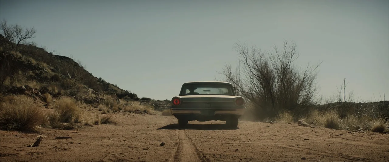 Cry Macho (2021) movie still: wide — A vintage sedan drives away from the camera on a dusty desert path. The surrounding terrain is dry with sparse…
