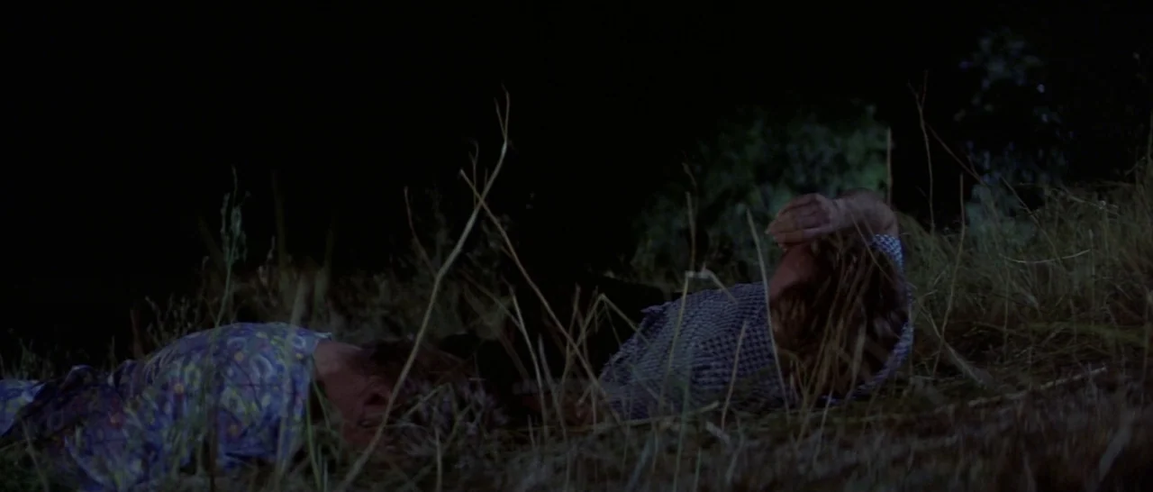 Thunderbolt & Lightfoot (1974) movie still: medium — Two people lie in a dark, grassy field under the cover of night. They rest beside each other,…