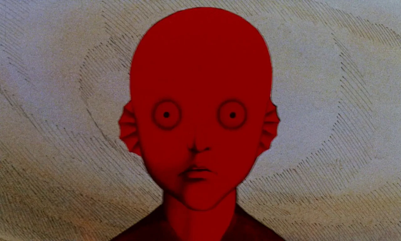 Fantastic Planet (1973) movie still: closeup — A stylized red humanoid creature with fin-like ears centered against a muted cross-hatched…