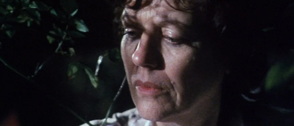 Wonderland (1999) movie still: closeup — An outdoor area at night with dense vegetation surrounding a person's head. The woman stands amongst dark…