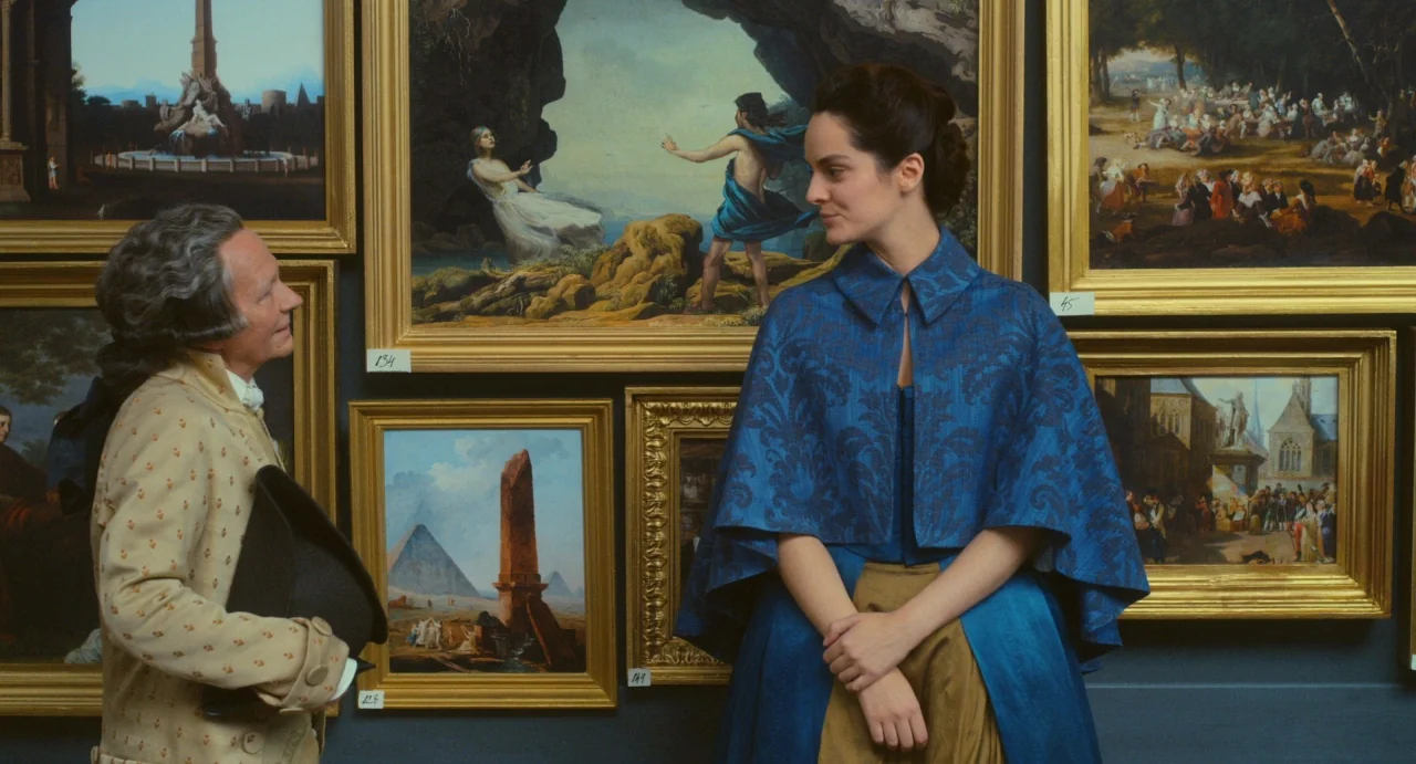 Portrait of a Lady on Fire movie still: medium — A wall covered in various framed oil paintings hangs within a formal interior setting. A woman in a…