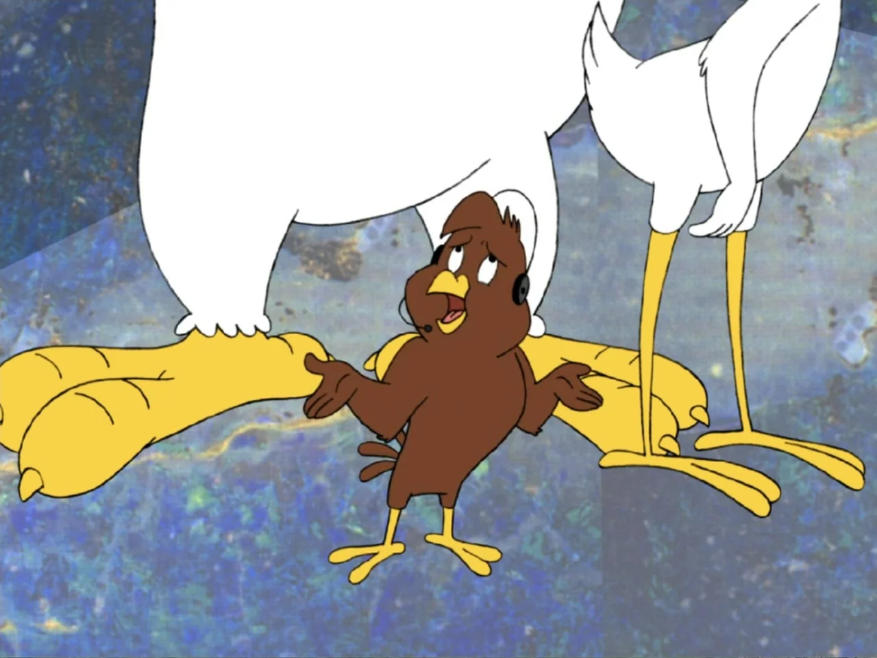 Tweety's High Flying Adventure (2000) movie still: medium — A flat animated scene features a small brown bird standing before large yellow bird…