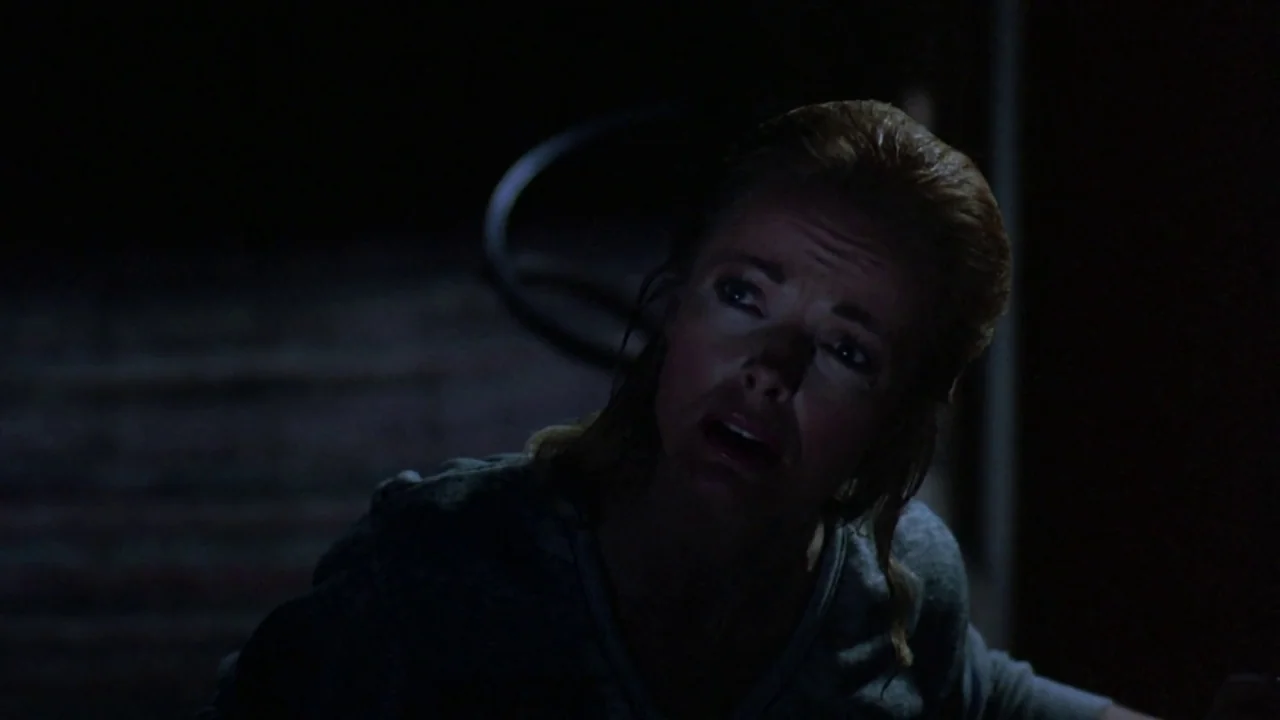 Friday the 13th: The Final Chapter (1984) movie still: closeup — A dark, dimly lit environment obscures architectural details and surrounds the…