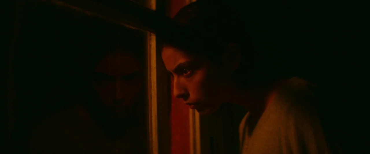 Animalia (2023) movie still: closeup — A dark space features a woman looking through a rectangular glass window. Her reflection is visible in the…