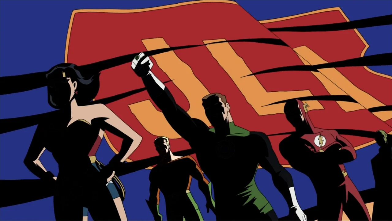 Justice League: The New Frontier (2008) movie still: medium — A group of superheroes stand in a lineup against a large floating red banner. The…