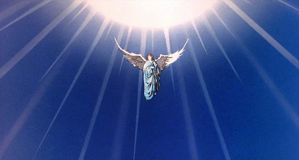 Life of Brian (1979) movie still: wide — A figure with wings floats in a clear blue sky beneath a blinding light. The subject descends vertically…
