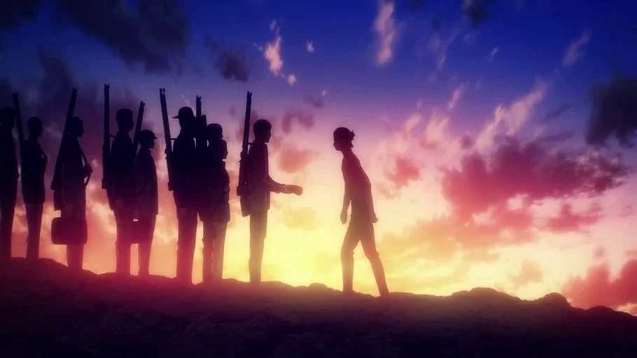 Attack on Titan (2013) movie still: wide — A group of soldiers stands on a rocky rise against a colorful sunset sky. One man walks toward the line…