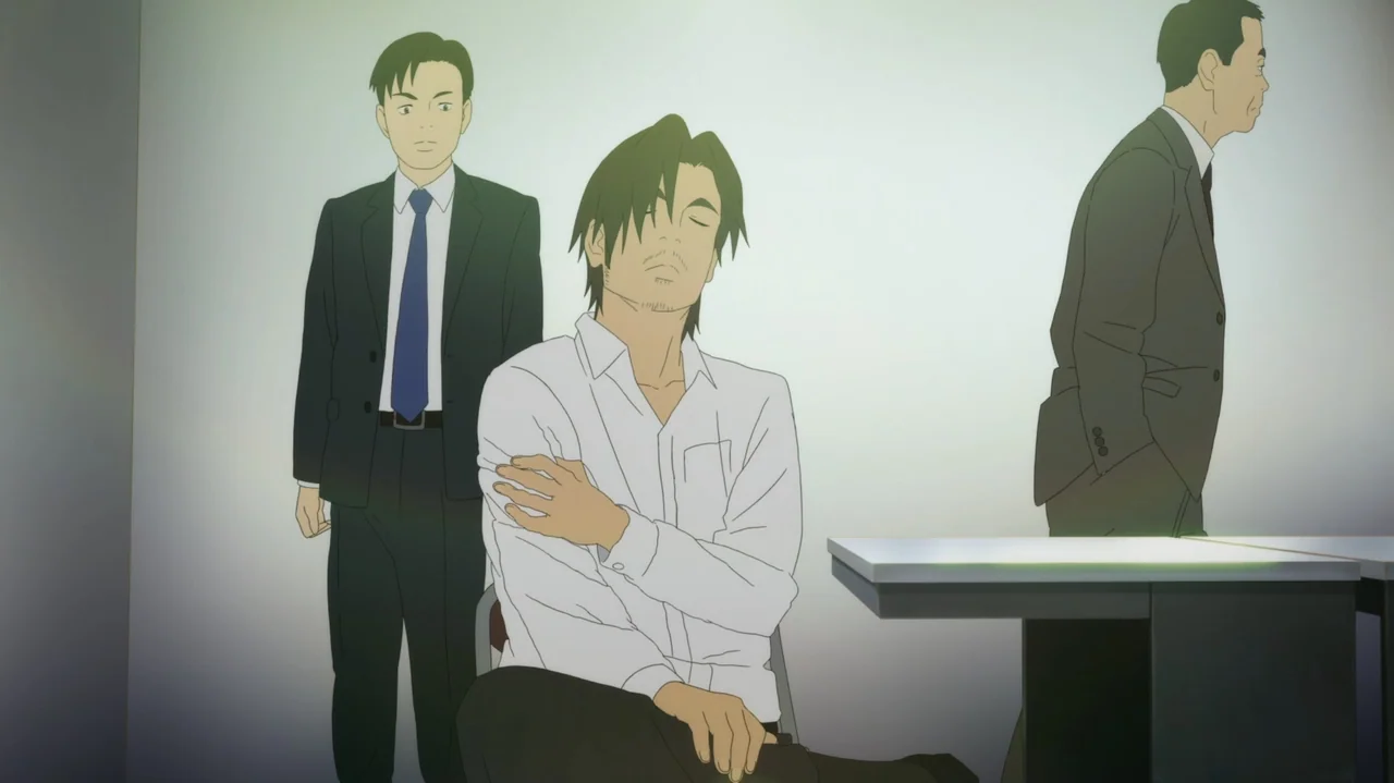 Napping Princess (2017) movie still: medium — A spartan office with plain light-colored walls and a modern desk. Three men in professional attire…