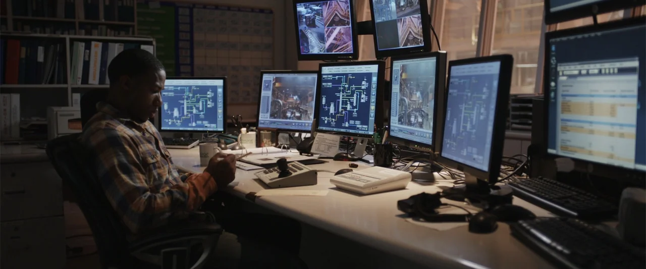 Final Destination 5 (2011) movie still: medium — A workspace filled with multiple monitors displaying industrial diagrams and surveillance camera…