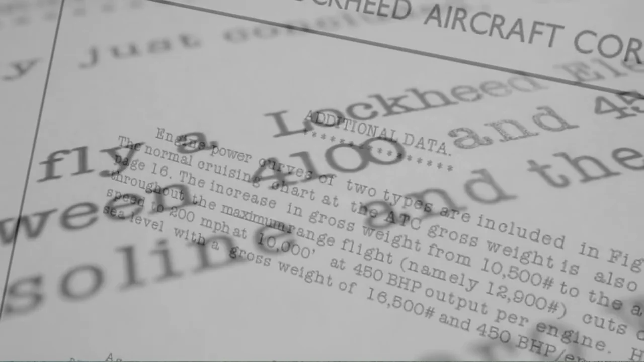 Finding Amelia (2024) movie still: closeup — A close-up view of a printed technical document on white paper. The text details aircraft…