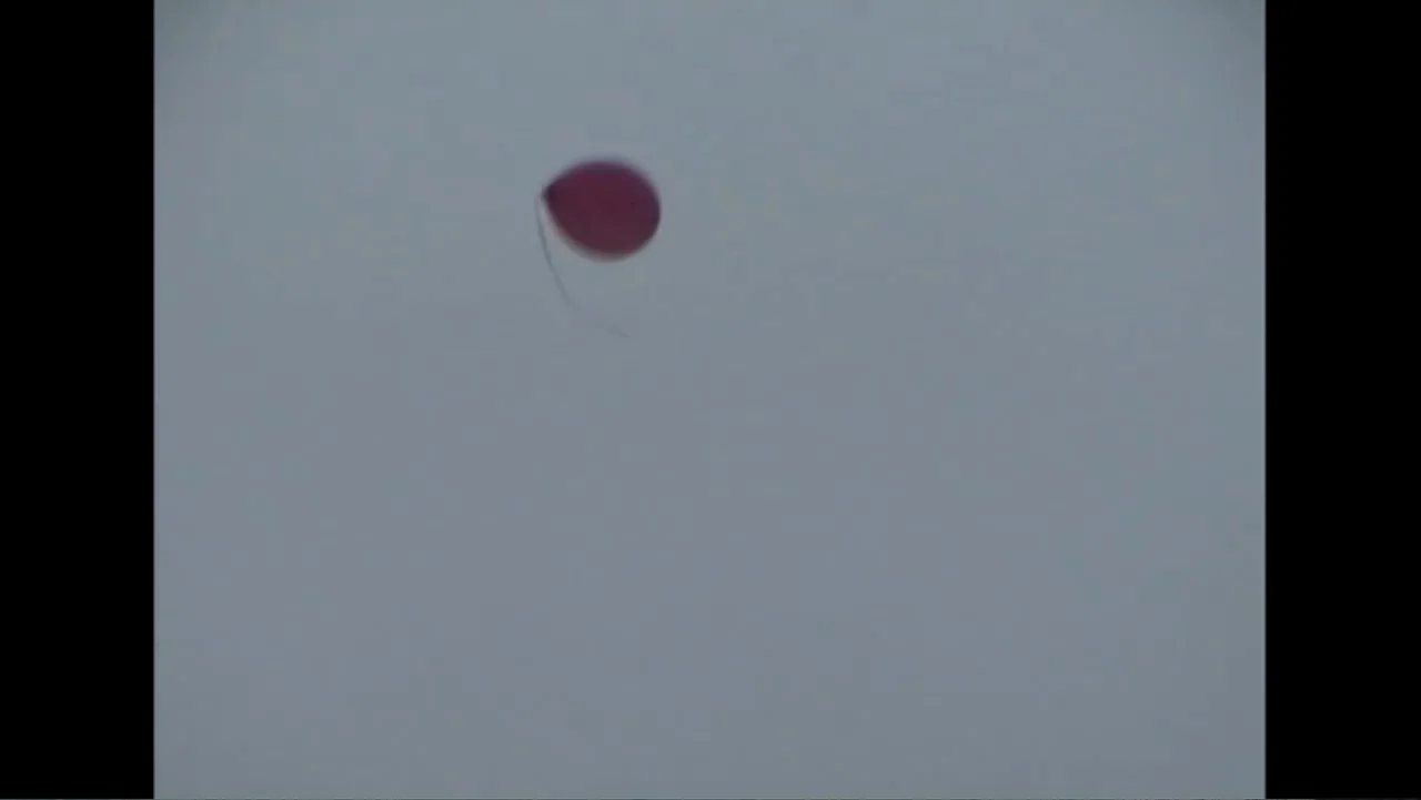 Daniel (1983) movie still: wide — An overcast grey sky fills the entire background with no visible horizon line. A single red balloon with a thin…