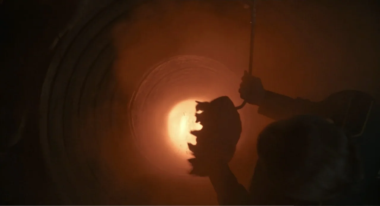 Mickey 17 (2025) movie still: medium — A dark industrial space features a large glowing circular furnace with heavy smoke. A lone figure in dark…
