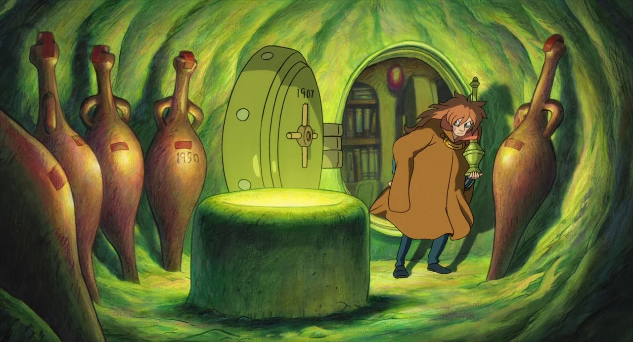 Ponyo (2008) movie still: fullbody — A subterranean chamber has walls resembling soft green moss and several large clay jars. A man in a brown coat…