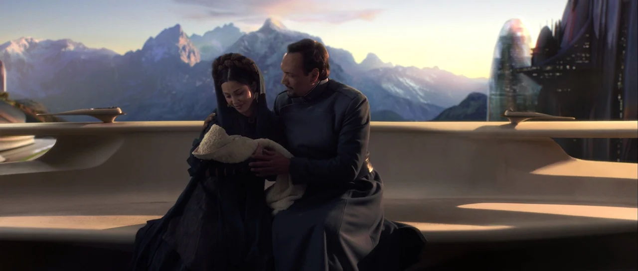 Star Wars: Episode III – Revenge of the Sith (2005) movie still: fullbody — A curved stone terrace overlooks a vast mountain range under a golden…