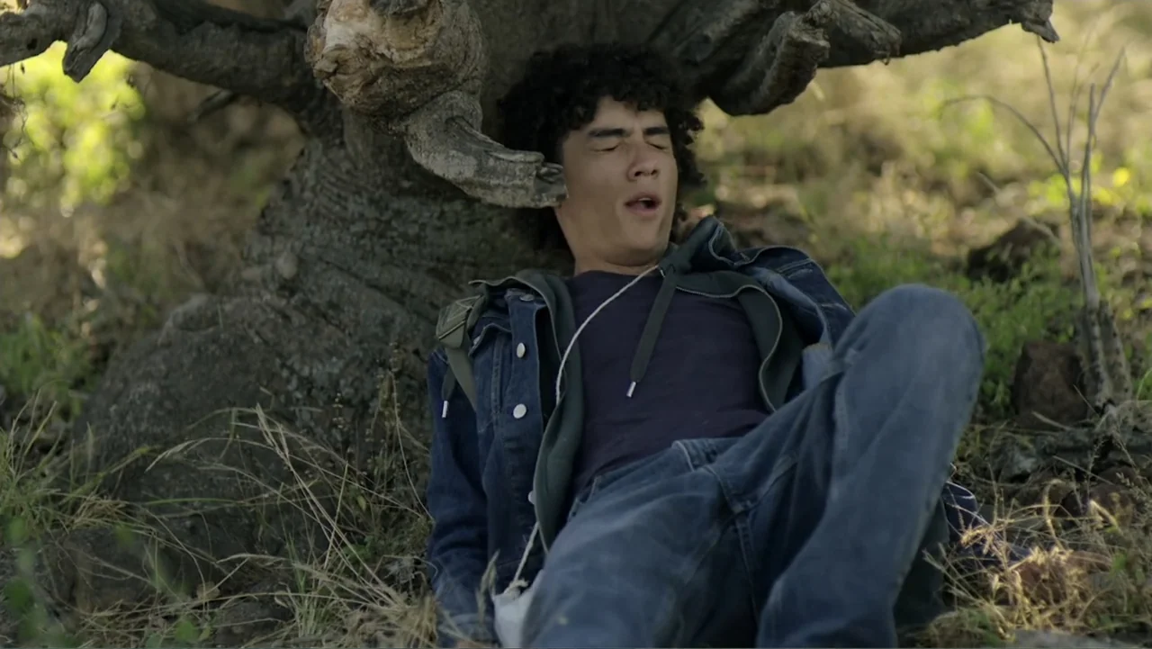 Loco Love (2003) movie still: medium — A young man sits on the ground beneath the large roots of an old tree. He rests his back against the bark…