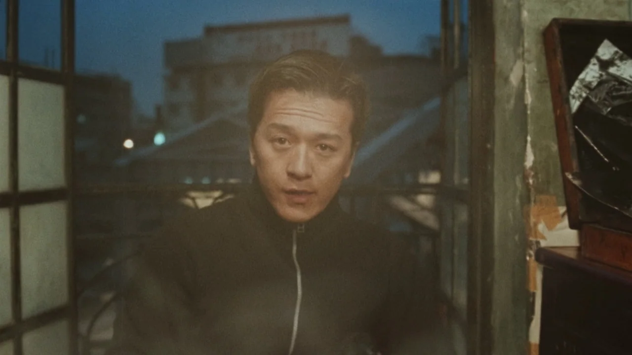 Suzhou River (2000) movie still: medium — A dimly lit room with a large window overlooking an out-of-focus city building. A man in a black jacket…