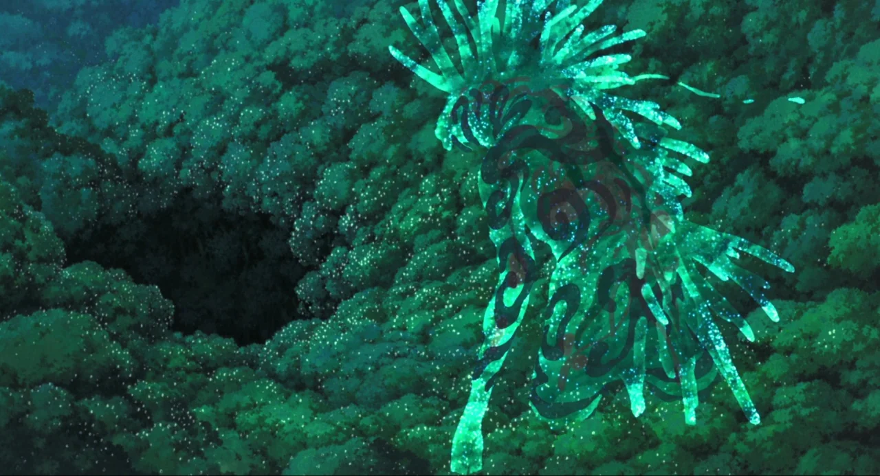 Princess Mononoke (1997) movie still: wide — A dense, dark forest canopy at night is filled with tiny, glittering particles. A glowing, teal-colored…