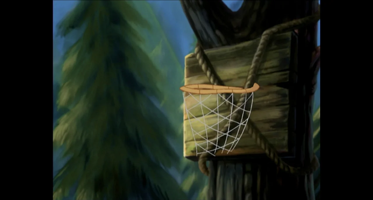 The Sissy Duckling (1999) movie still: medium — A wooden basketball hoop is fastened with thick rope to the side of a tree. In the background a…