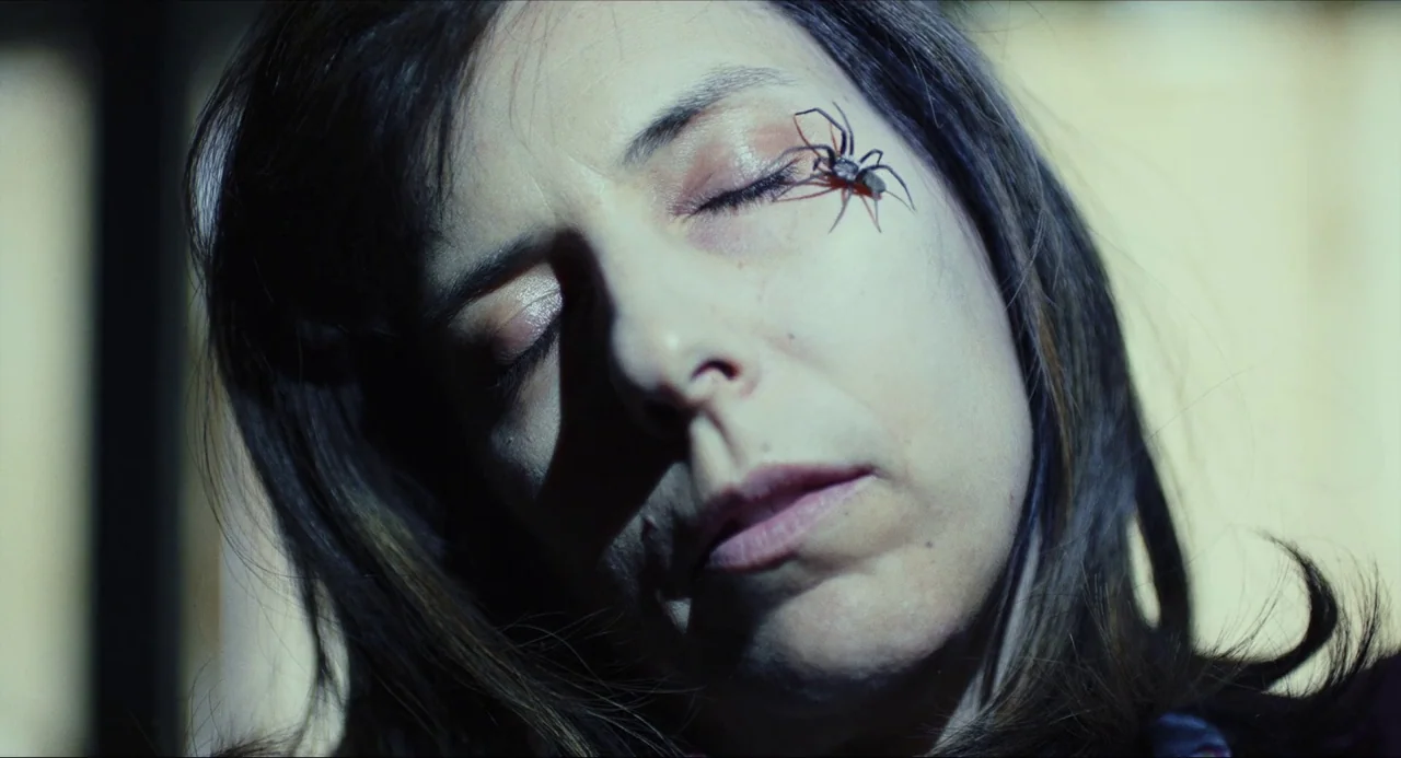 Knives Out (2019) movie still: closeup — A close-up shot focuses on a woman with her eyes firmly shut. A small spider rests on her skin near the…