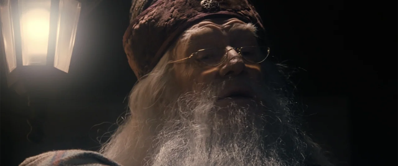 Harry Potter and the Philosopher's Stone (2001) movie still: closeup — A dark, wood-paneled interior contains a single glowing lamp near an elderly…