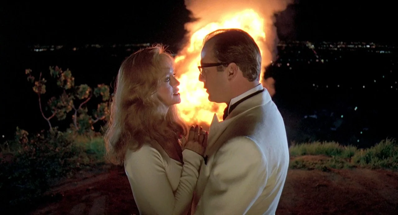Death Becomes Her (1992) movie still: medium — A dark hilltop at night with city lights visible in the distance. Two figures stand close to each…
