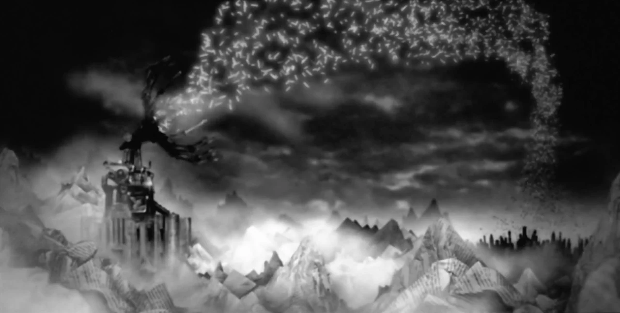The Aerial (2007) movie still: wide — A dark, mountainous landscape is filled with thick, swirling fog and scattered, debris-like shapes. A…