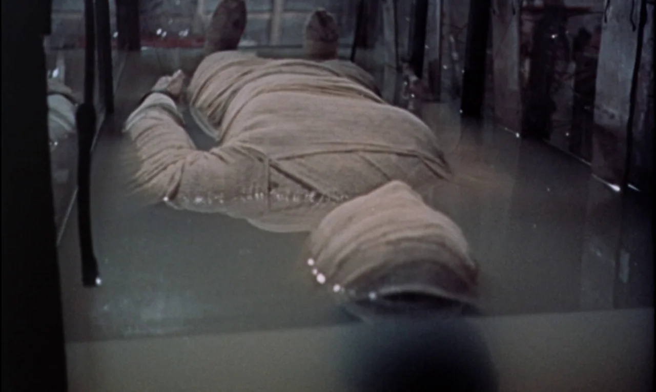 The Curse of Frankenstein (1957) movie still: medium — A figure wrapped in bandages lies horizontally submerged in a rectangular basin of liquid.…