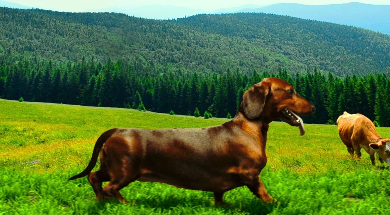 Wiener-Dog (2016) movie still: medium — A bright green meadow sits before a densely wooded forest and rolling mountain range. A brown dachshund…