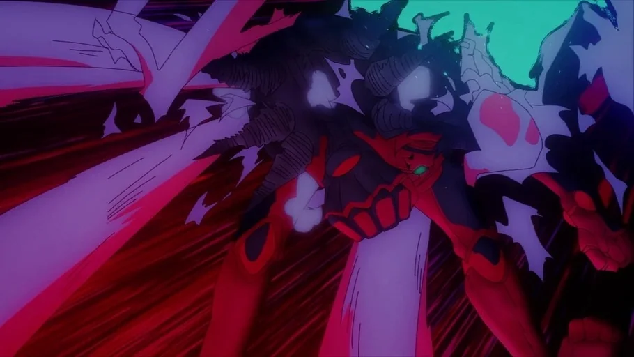 Jujutsu Kaisen (2020) movie still: medium — An abstract, high-speed composition filled with motion lines and stark color fields. The humanoid…