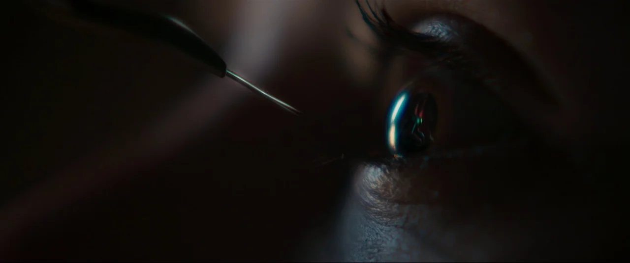 Evil Dead Rise (2023) movie still: closeup — A close-up view shows a thin metal needle pointed toward an open human eye. The eye reflects a dark…