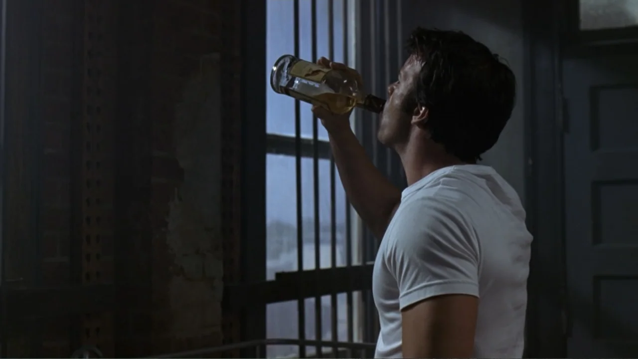 The Punisher (2004) movie still: medium — An interior space with a brick wall and a window featuring vertical iron bars. A man in a plain white…