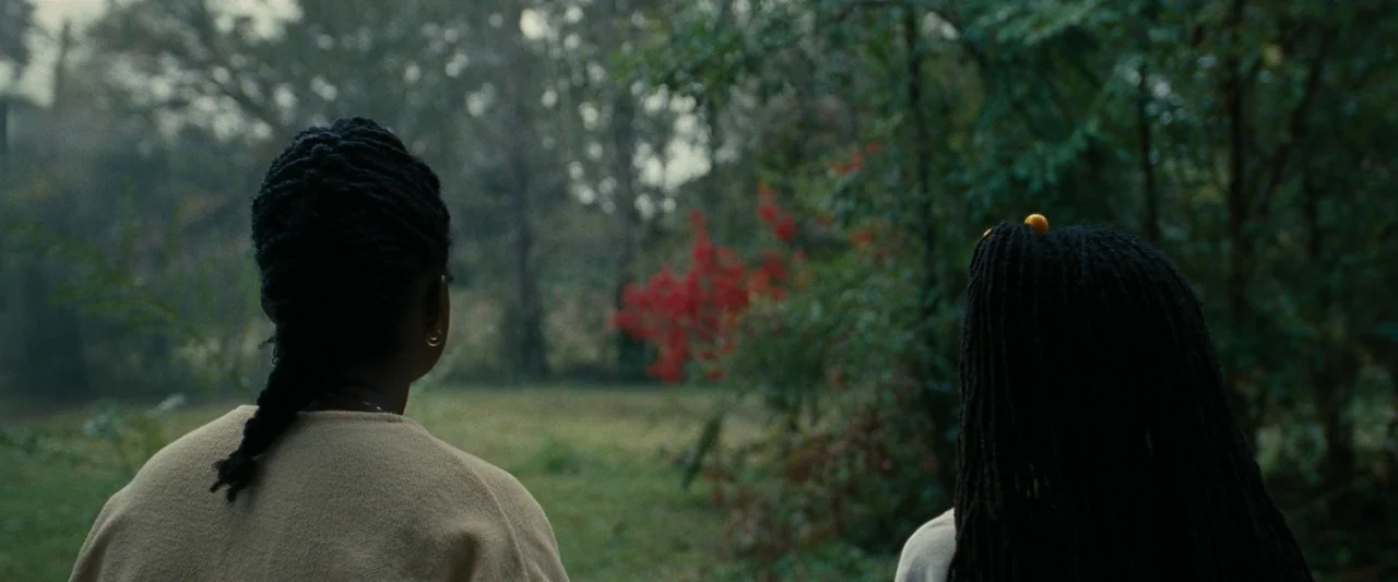 All Dirt Roads Taste of Salt (2023) movie still: medium — Two individuals stand in a dense wooded area overlooking a grassy clearing. A prominent…