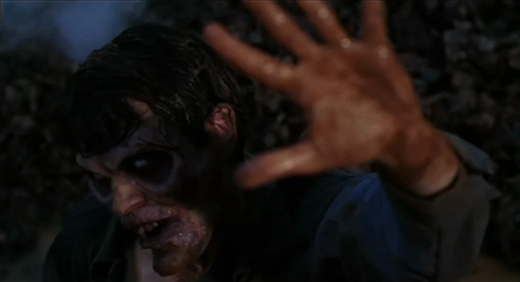 Evil Dead II (1987) movie still: closeup — A dark, textured environment filled with loose soil and shadowed organic matter at night. A decomposed…