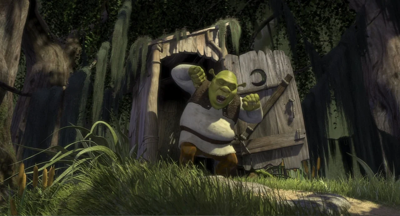 Shrek (2001) movie still: fullbody — An ogre steps out of a small wooden outhouse in a swampy environment. The subject opens his mouth wide and…