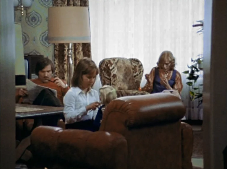 Fear Of Fear (1975) movie still: medium — A living room features floral wallpaper, brown furniture, and a large window with sheer curtains. Three…