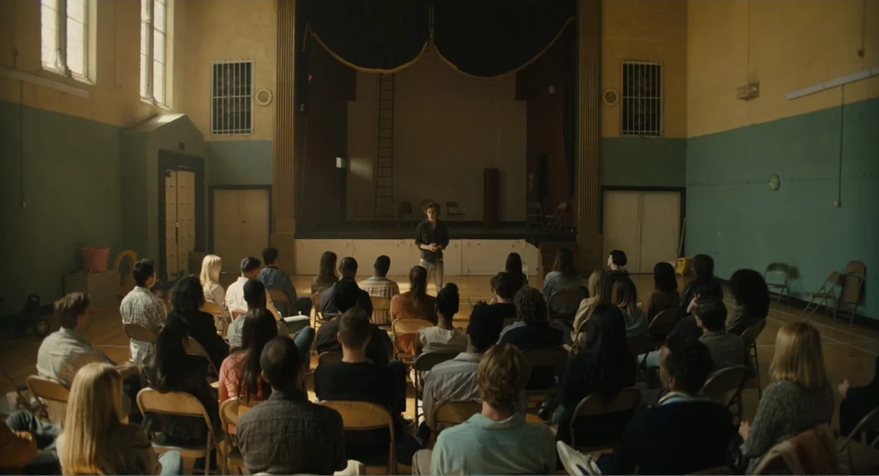 Beautiful Boy (2011) movie still: wide — A high-ceilinged hall features pale yellow walls with teal wainscoting and a wooden stage. A lone man…