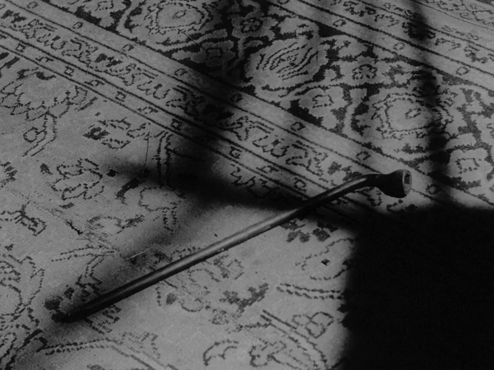 Night of the Living Dead (1968) movie still: closeup — A patterned textile floor covering displays ornate traditional motifs beneath a harsh shadow.…