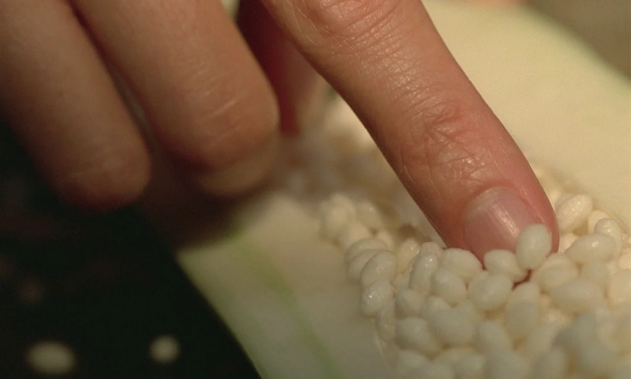 The Scent of Green Papaya (1993) movie still: closeup — A close-up view shows a hand interacting with a pile of white, bead-like objects. The finger…