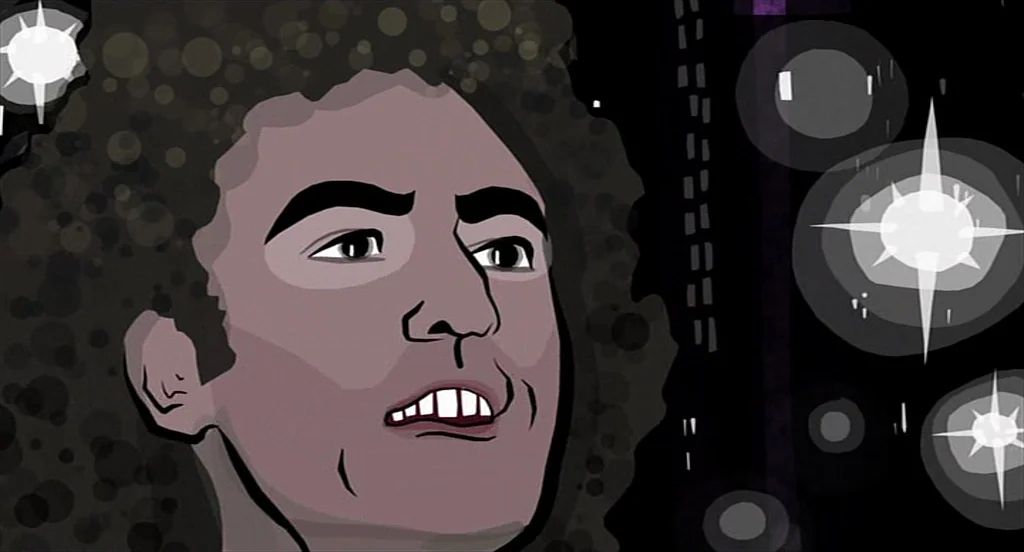 Waking Life (2001) movie still: closeup — A man with curly hair appears against a dark background with white star symbols. The subject stares toward…