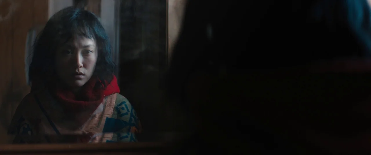 Kumiko the Treasure Hunter (2014) movie still: closeup — A dimly lit interior space shows a woman's reflection in a dark window. She stares directly…