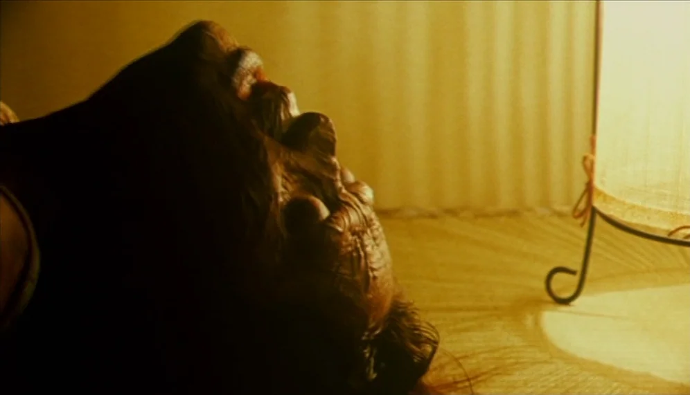Gozu (2003) movie still: closeup — A dark, warm-toned interior space features the profile of a person lying down. A lit lamp stands on the floor…