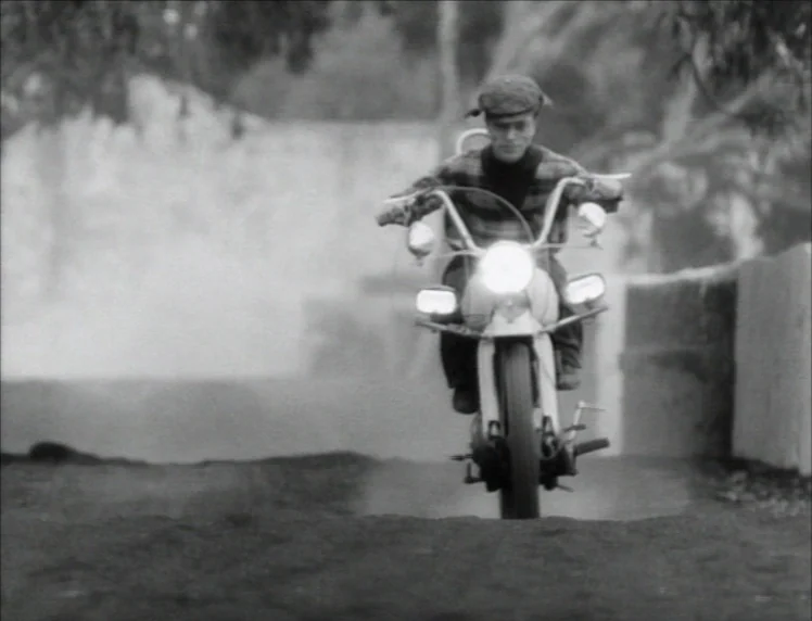 Even Dwarfs Started Small (1970) movie still: medium — A dust-covered dirt path winds through a rural area lined with trees and walls. A young man…