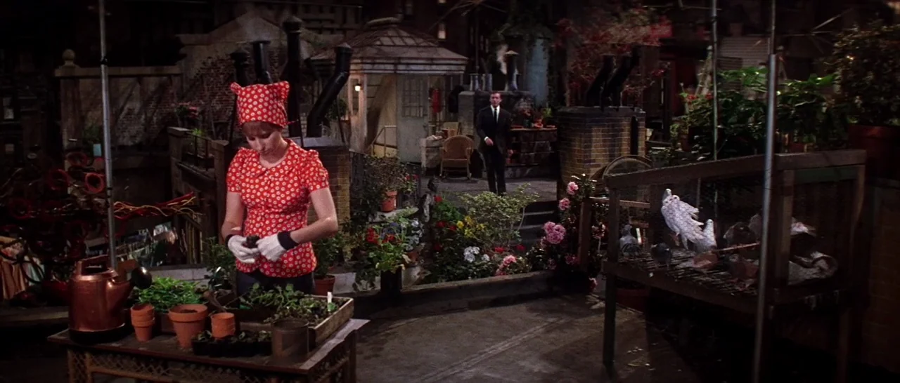 On A Clear Day You Can See Forever (1970) movie still: fullbody — A residential rooftop terrace at night filled with multiple plant pots and wooden…