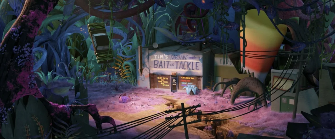 Cloudy with a Chance of Meatballs 2 (2013) movie still: wide — A small bait and tackle shop sits within an overgrown clearing filled with purple…