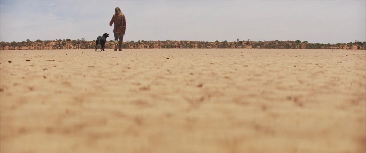 Tracks (2013) movie still: wide — A vast, cracked arid landscape stretches under a hazy white sky. A lone man and his black dog walk away into the…