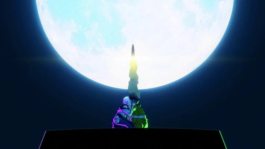 Cyberpunk: Edgerunners (2022) movie still: wide — A flat dark rooftop overlooks the horizon at night under a giant moon. A young couple embraces…