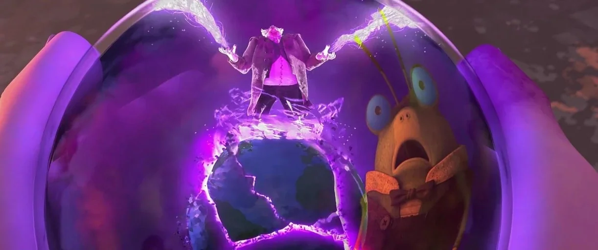 Puss in Boots: The Last Wish (2022) movie still: closeup — A magical purple orb shows a small figure casting spells over a glowing earth. An…